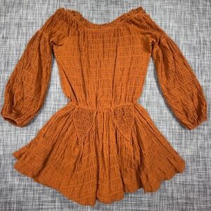 Lucca Womens Mini Dress Rust Orange Textured Cotton Stretch Puff Sleeve M